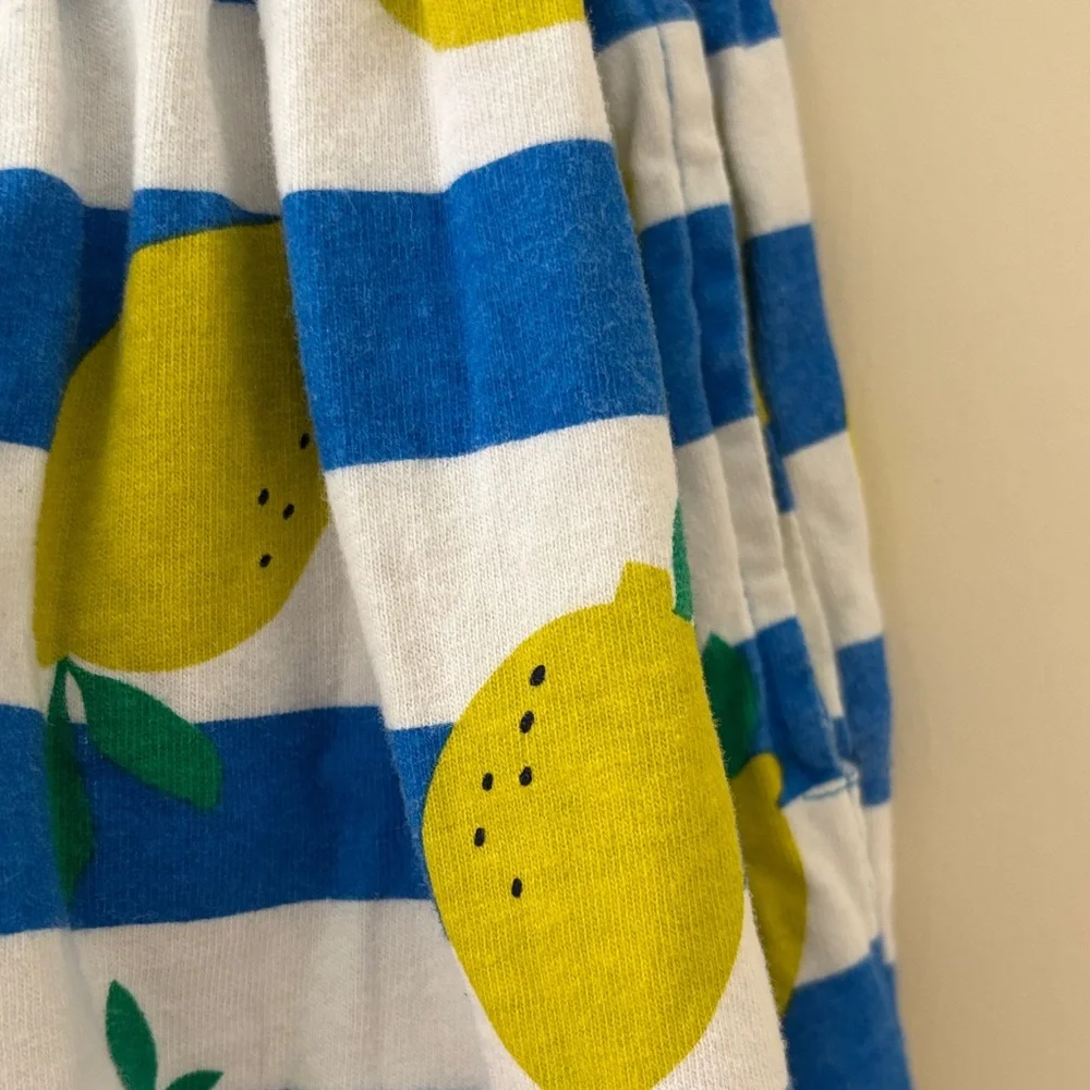 Mini Boden Girls Lemon Print Dress Blue White Striped Summer Outfit Cute Sz 4-5